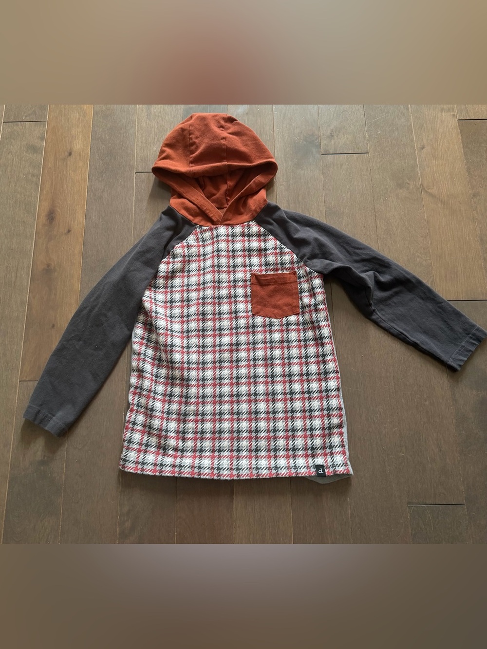 deux par deux Rust Hooded Plaid Raglan Top with Charcoal Sleeves